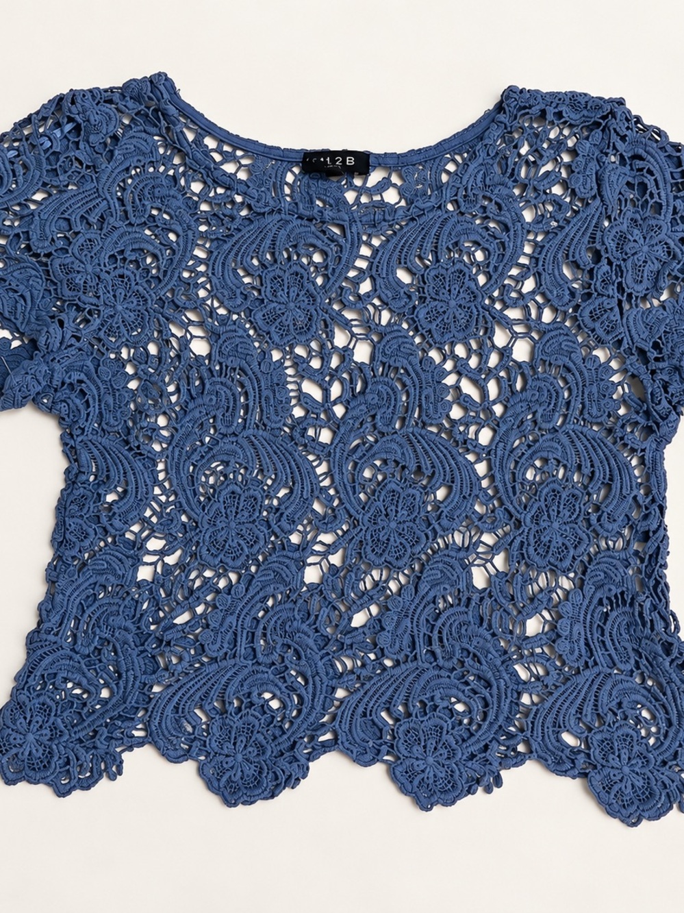 M12B Girls' Blue Crochet Lace Short Sleeve Top